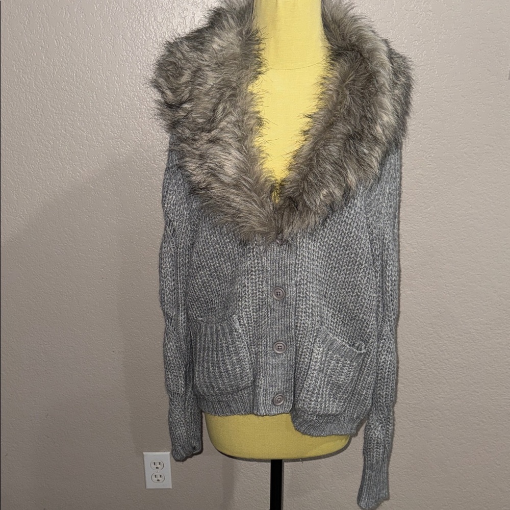 Jessica Simpson Gray Cardigan Sweater with Faux Fur Collar - NWT - MSRP $99